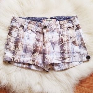 Plaid Printed Cotton Shorts - Blue, White & Brown